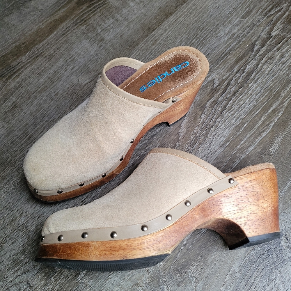 Candies Vintage Y2K Leather Suede Studded Chunky Wood Sole Heeled Clog Mule - Picture 1 of 10